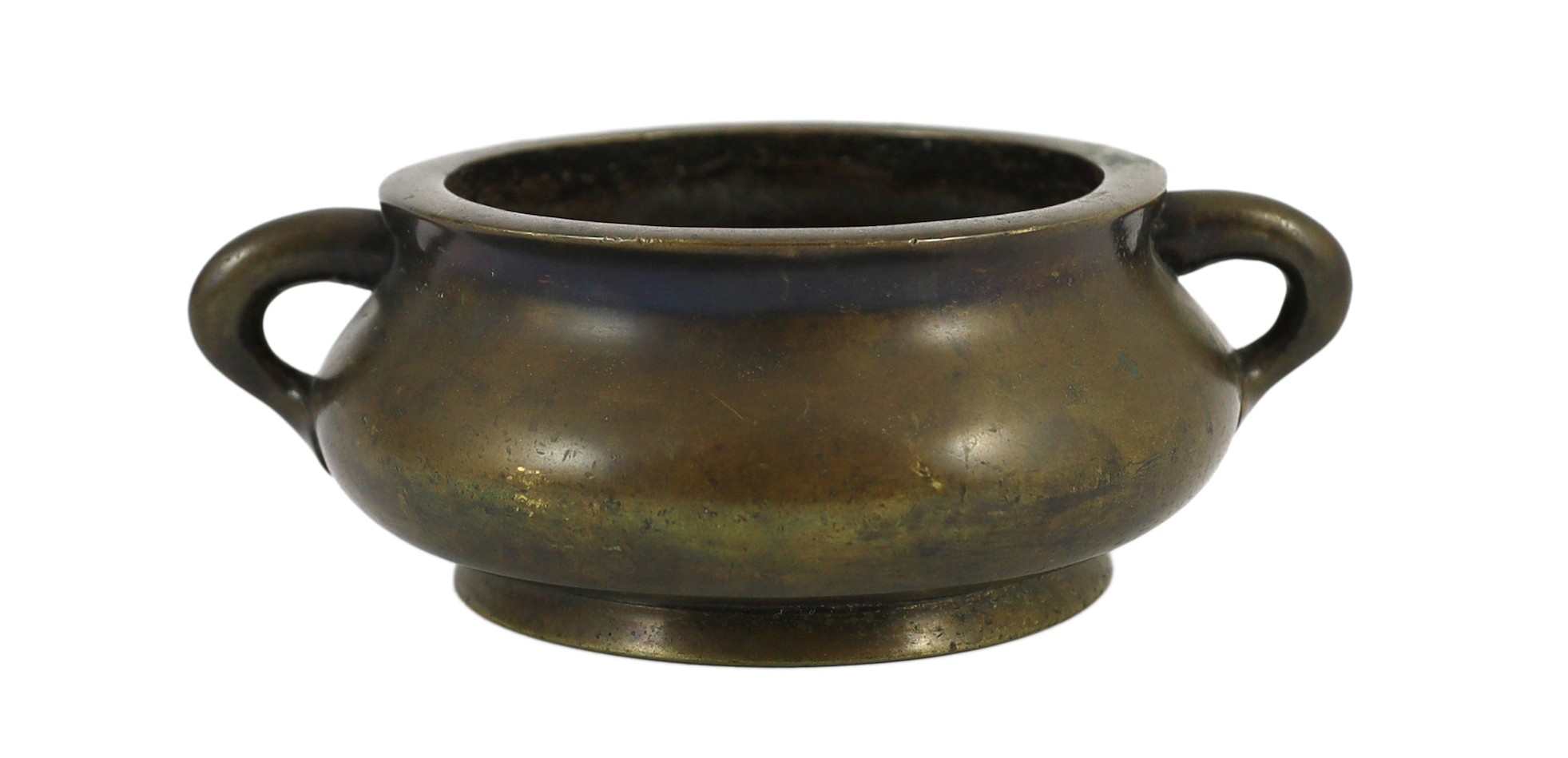 A Chinese bronze gui censer, Xuande six character mark but 19th century, 22cm across, the rim 14.2cm diameter